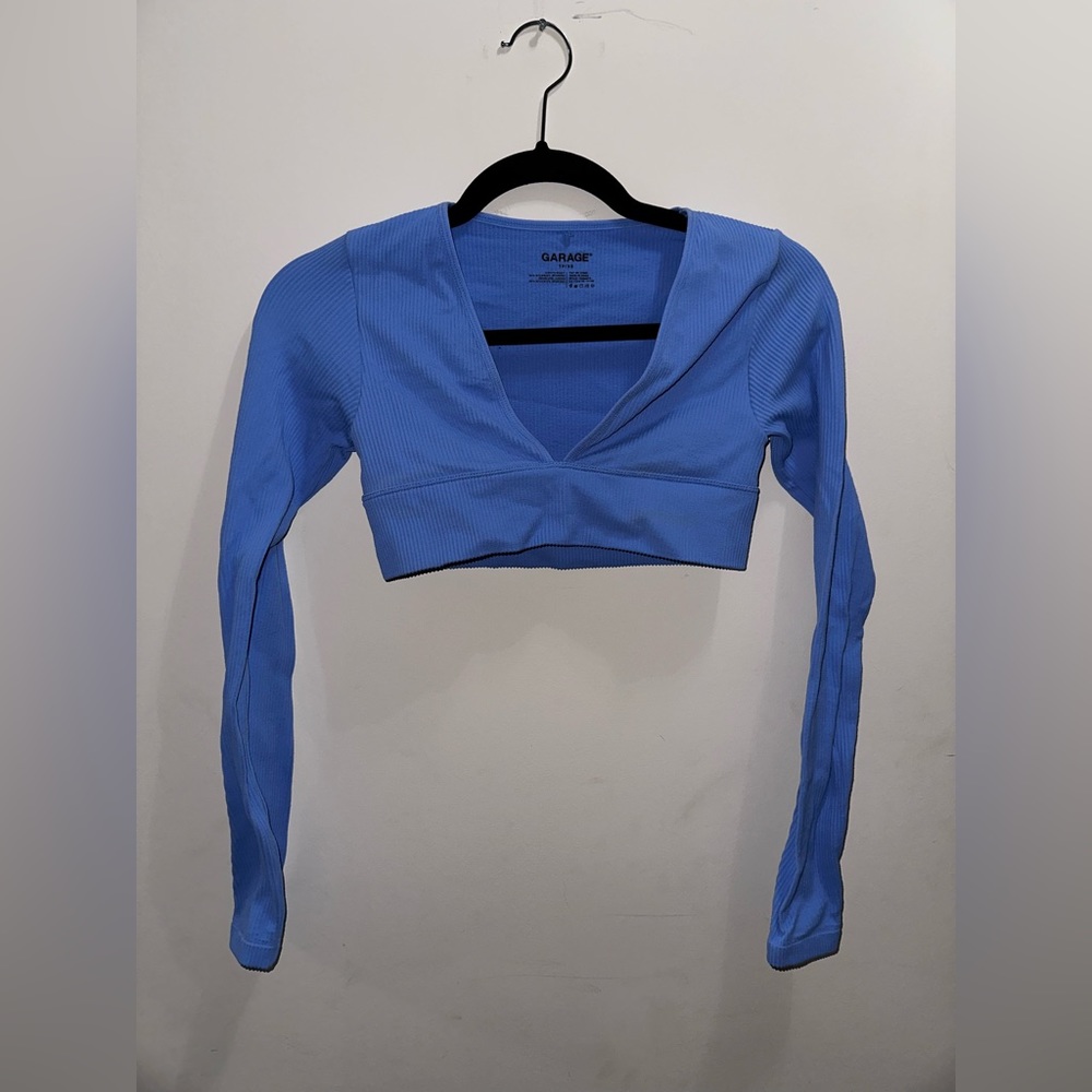 XS Blue Ribbed Long Sleeve Crop Top